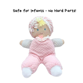 Genius Baby Toys pink white outfit doll demonstrates safe design for gentle play.