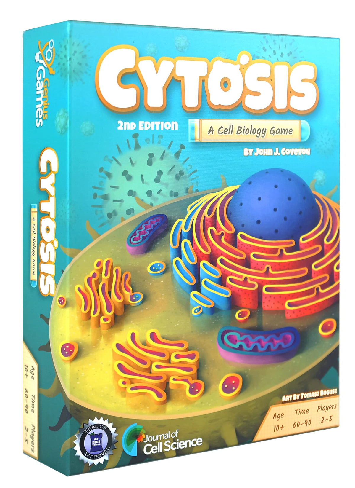 Genius Games Cytosis: box open showing setup for classroom-friendly biology play.