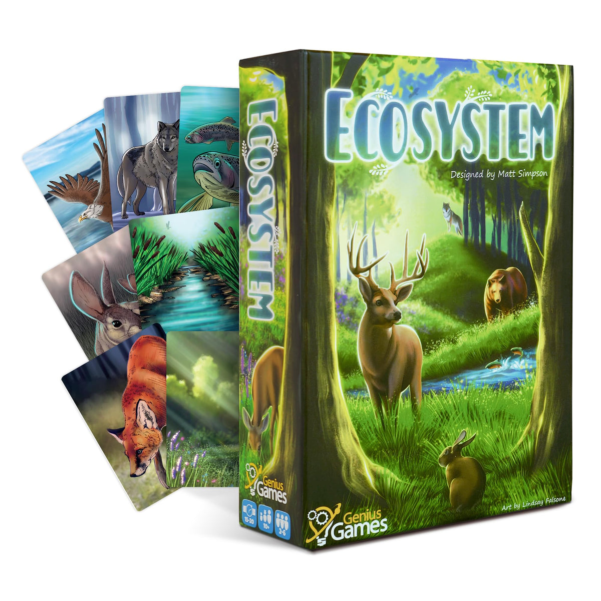 Genius Games Ecosystem cards spread on a table for biodiversity learning.