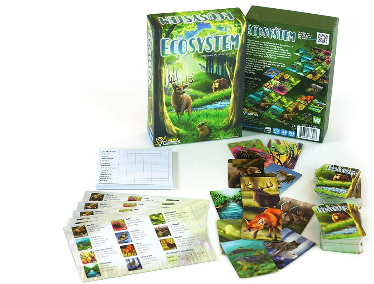 Genius Games Ecosystem meadow habitat card illustrating diverse species.