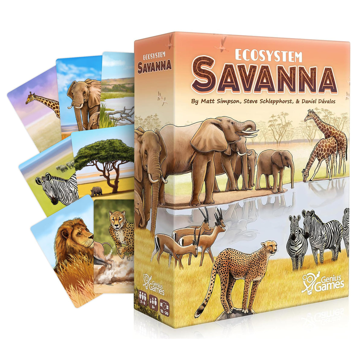Genius Games Ecosystem Savanna card-drafting scene showcases diverse animals for strategic learning.