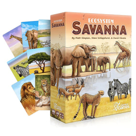 Genius Games Ecosystem Savanna card-drafting scene showcases diverse animals for strategic learning.