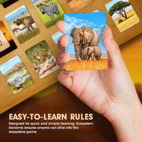 Genius Games Ecosystem Savanna landform and animal cards invite thematic exploration.