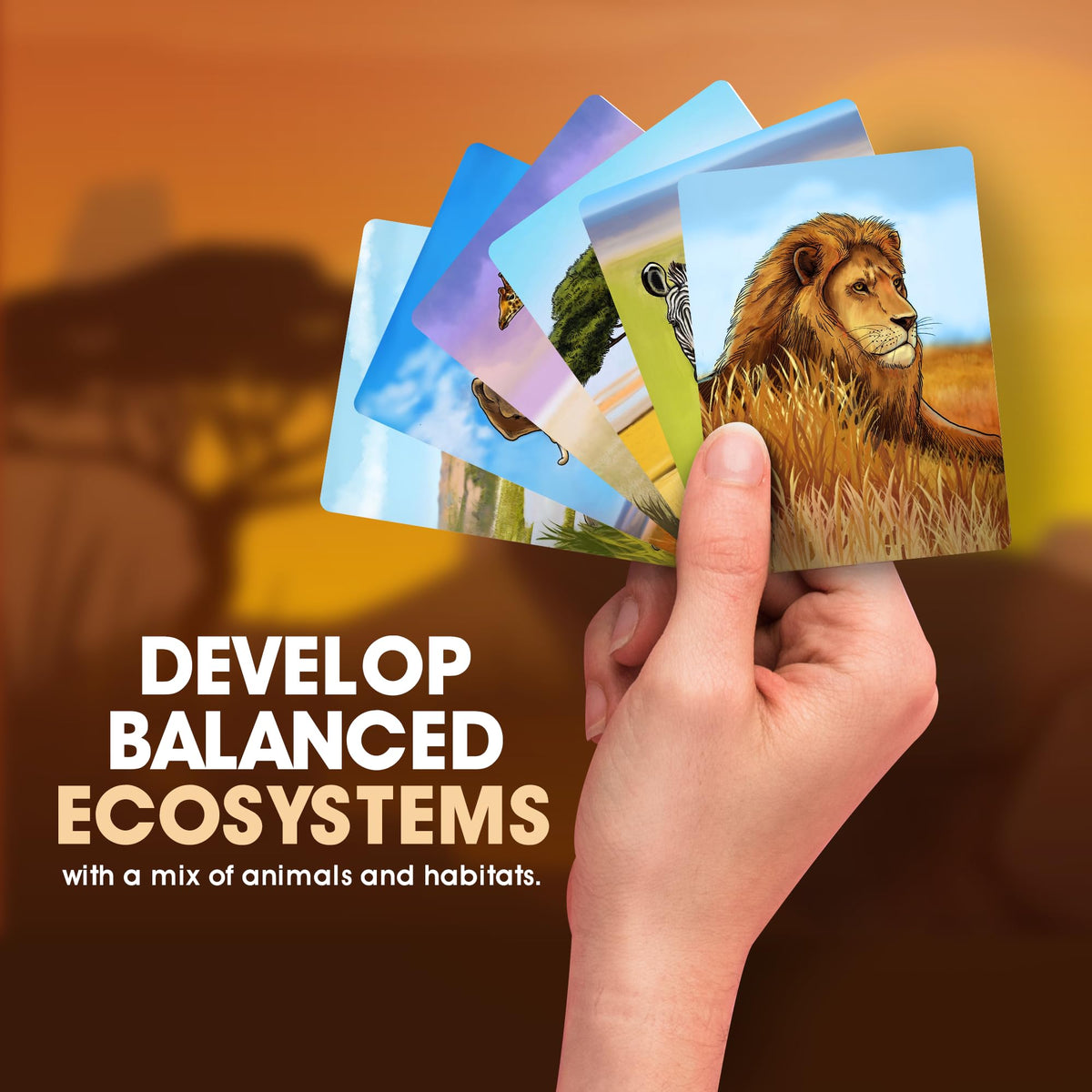 Genius Games Ecosystem Savanna captures species interactions through appealing cards and visuals.