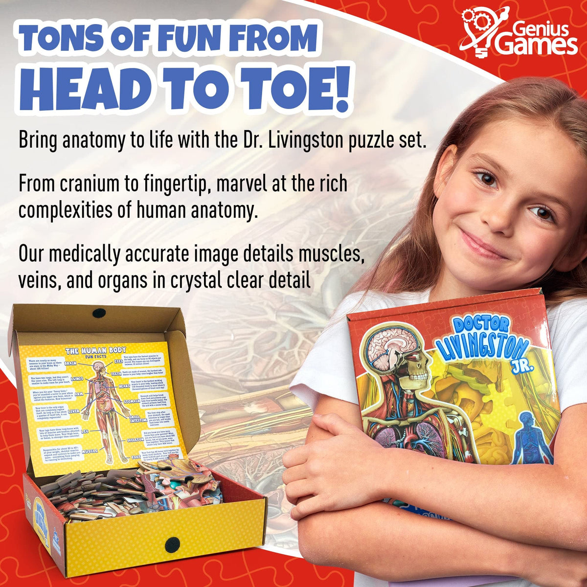 100-piece full-body jigsaw layout with organs and major parts for kids