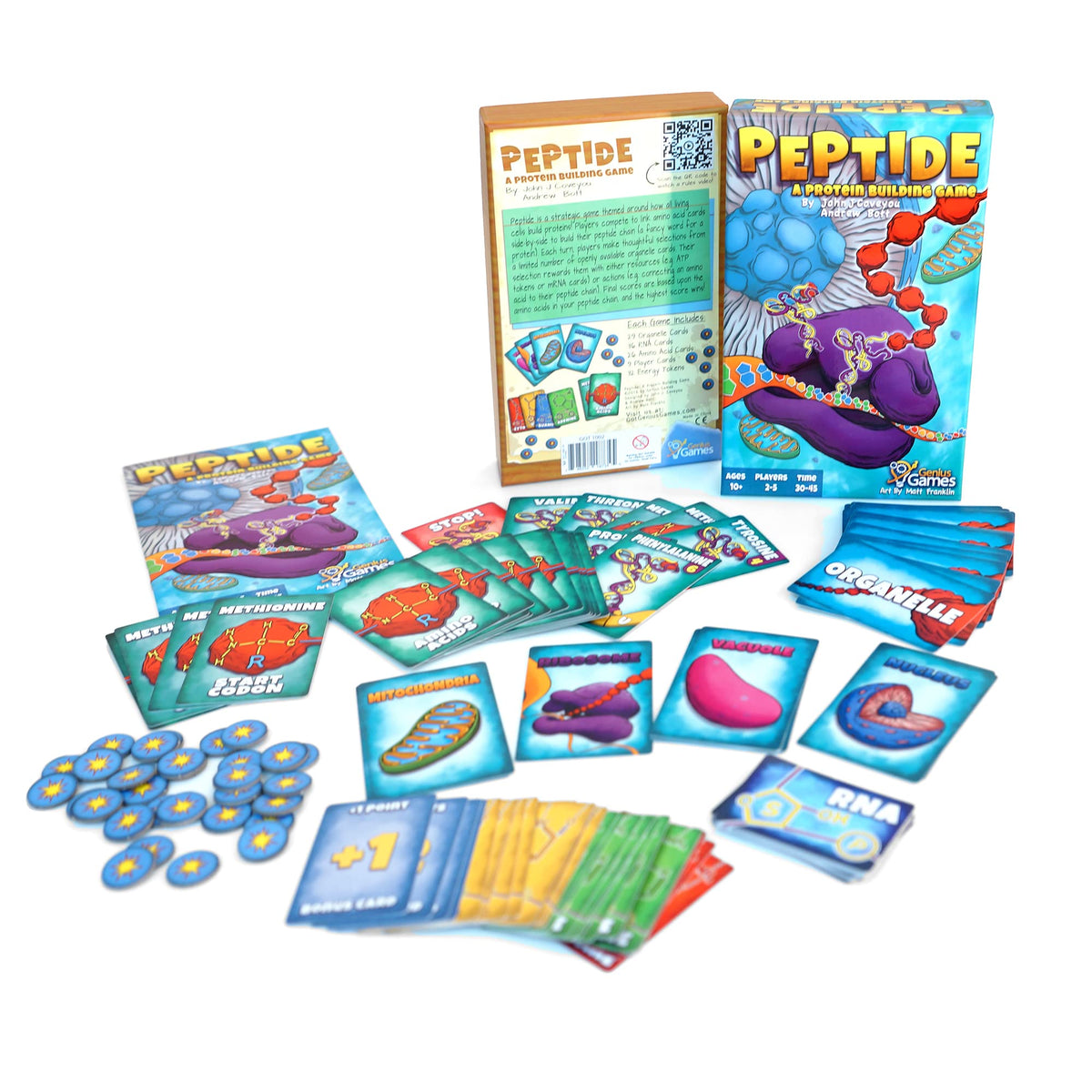 Genius Games Peptide protein chain cards show progress and scoring potential.