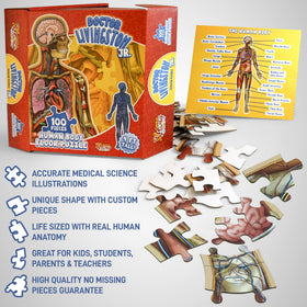 Family learning scene with the Genius Games anatomy puzzle as teaching tool