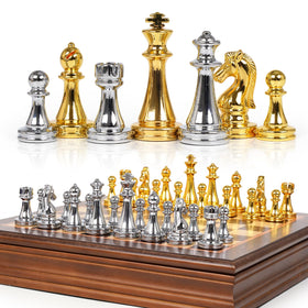 GenJuw 12-inch metal chess set with gold and silver pieces on wooden board for elegant play