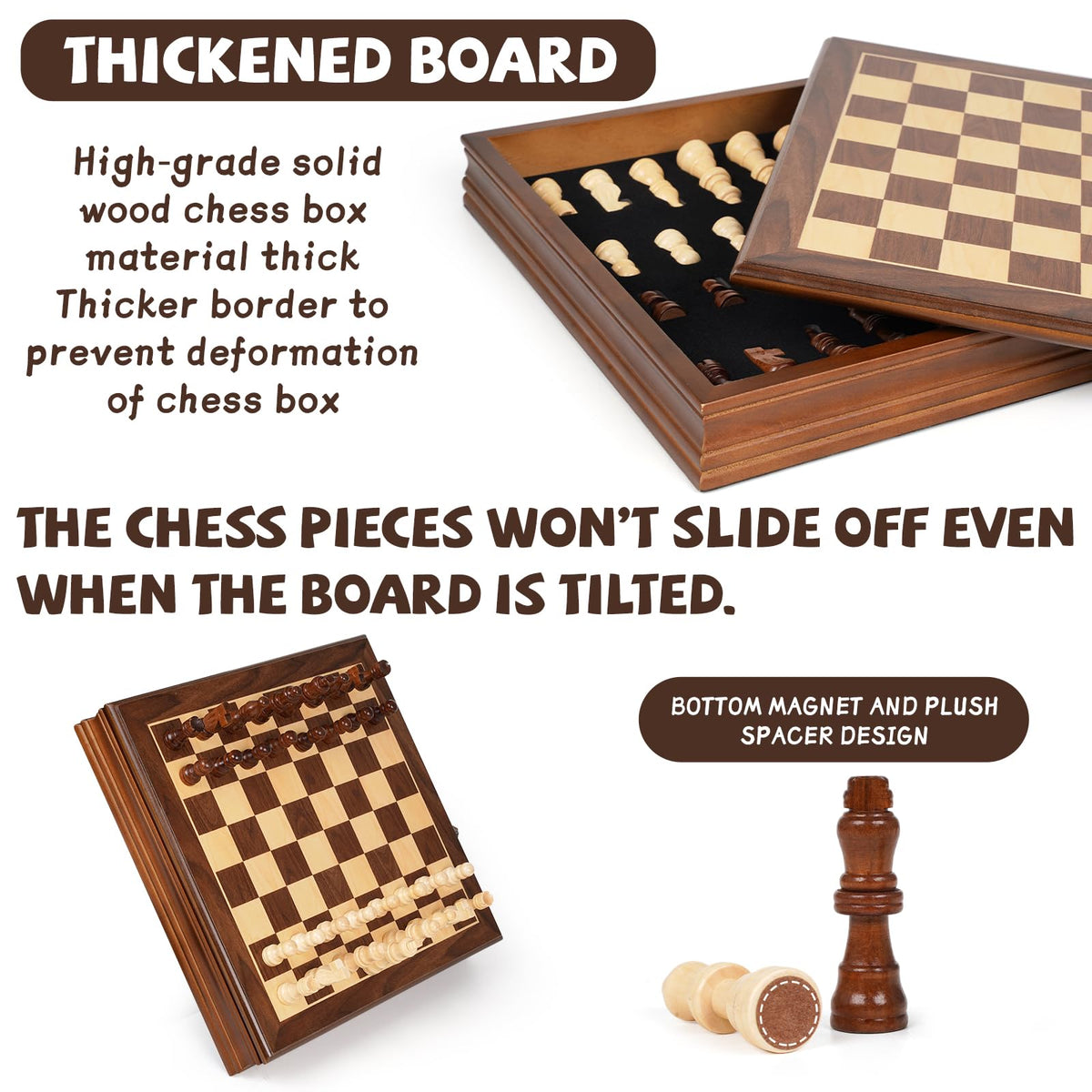 GenJuw handmade magnetic chess pieces with felt bases beside the board.