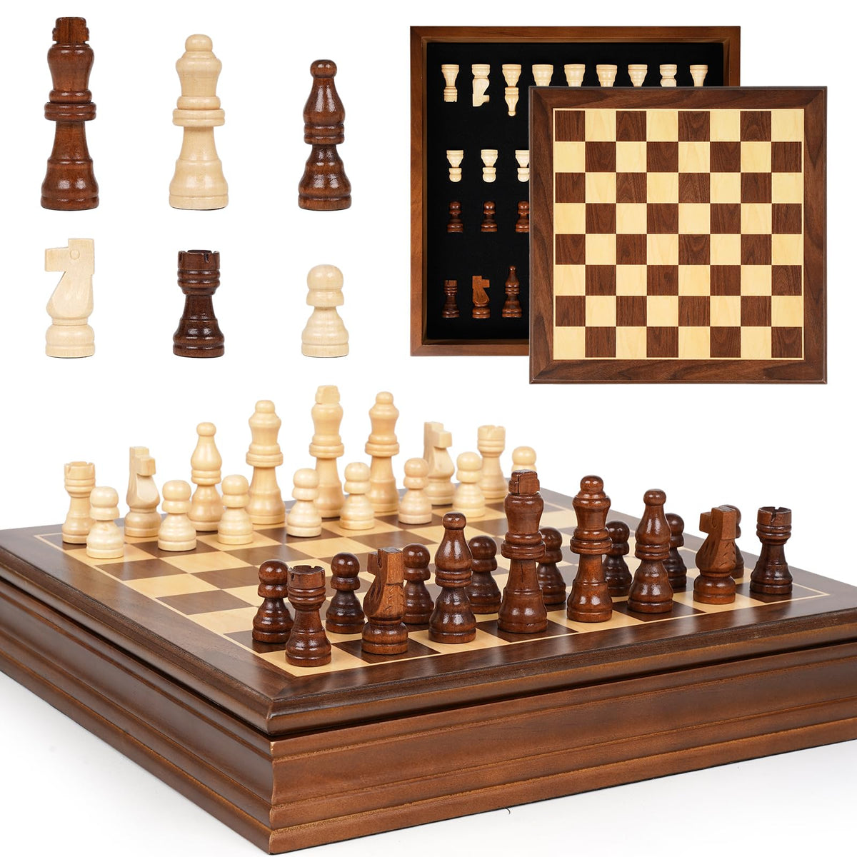 GenJuw magnetic chess board 12-inch on a wooden surface for stable, focused play.