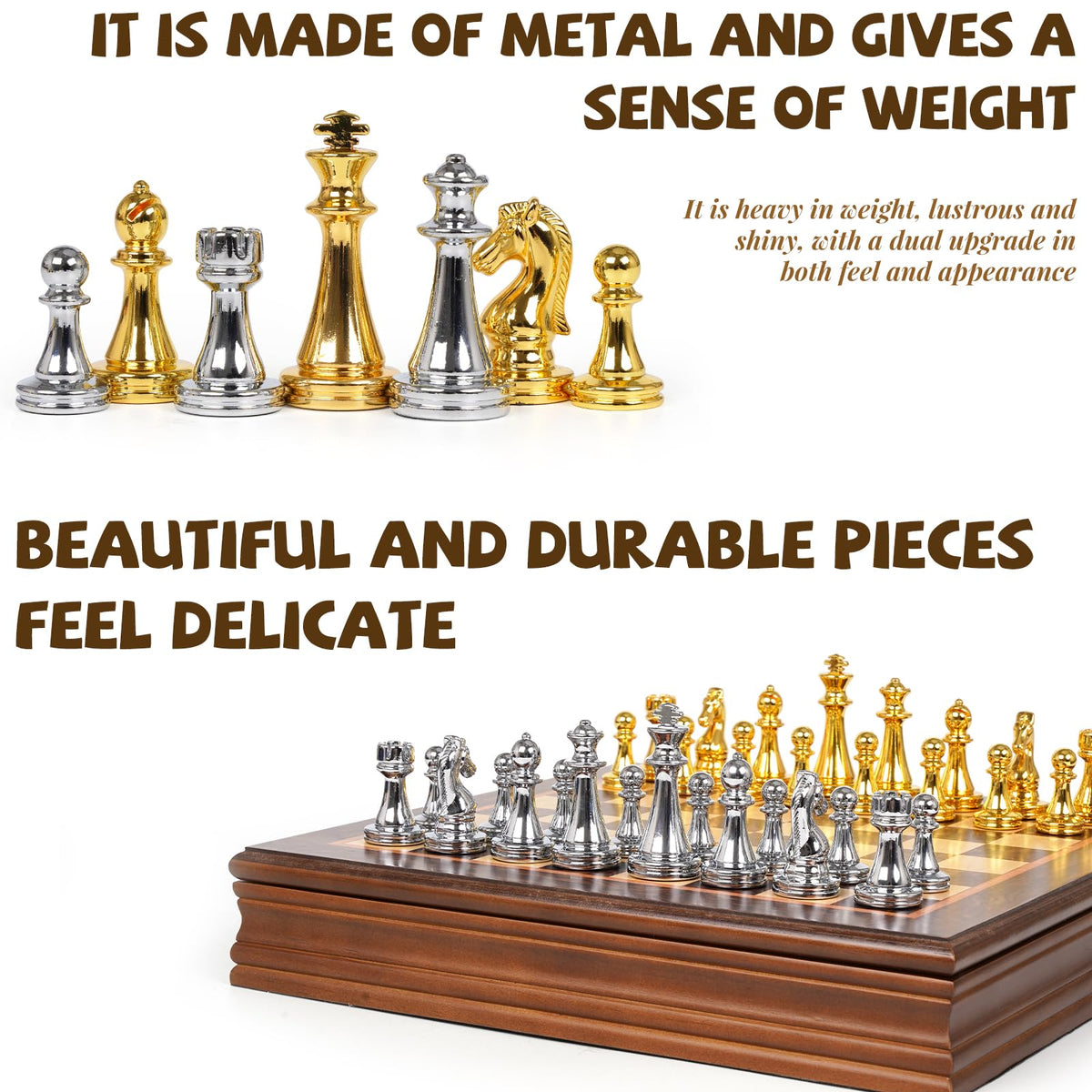 GenJuw metal chess pieces close-up showing polished finish and luxury feel for confident handling