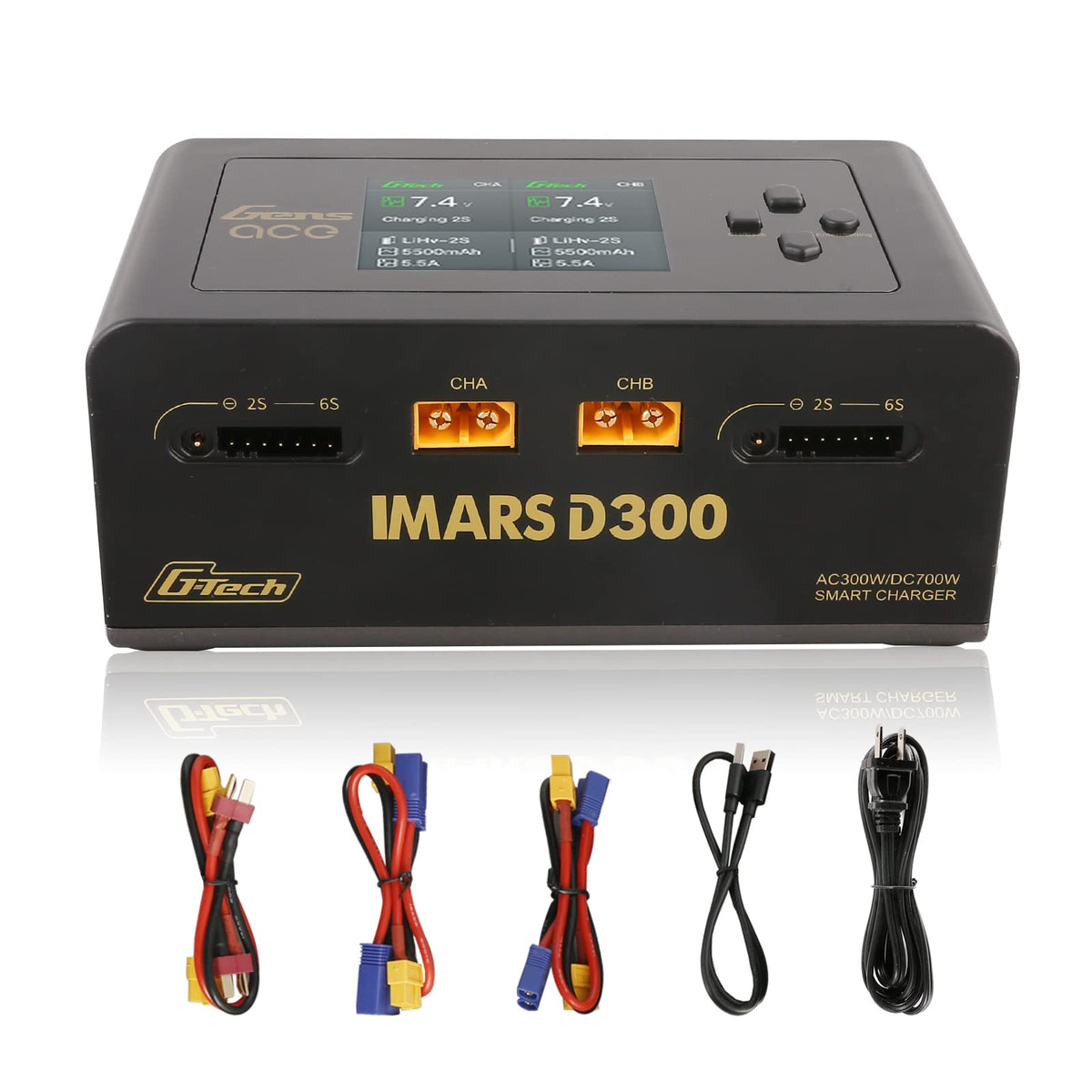 Gens Ace IMARS D300 front view, compact dual charger ready for efficient LiPo packs.