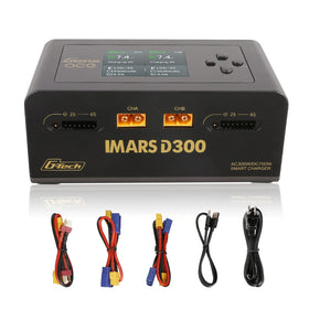 Gens Ace IMARS D300 front view, compact dual charger ready for efficient LiPo packs.