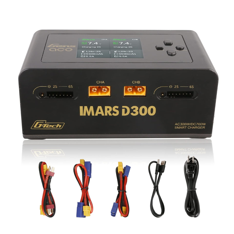 Gens Ace IMARS D300 front view, compact dual charger ready for efficient LiPo packs.