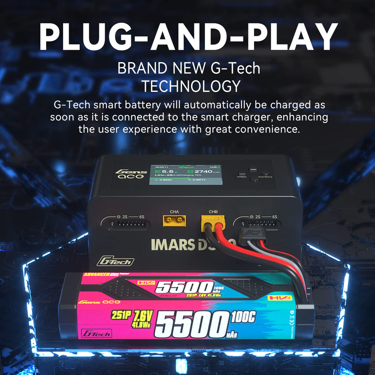Gens Ace IMARS D300 in-use setup demonstrates versatile field charging.