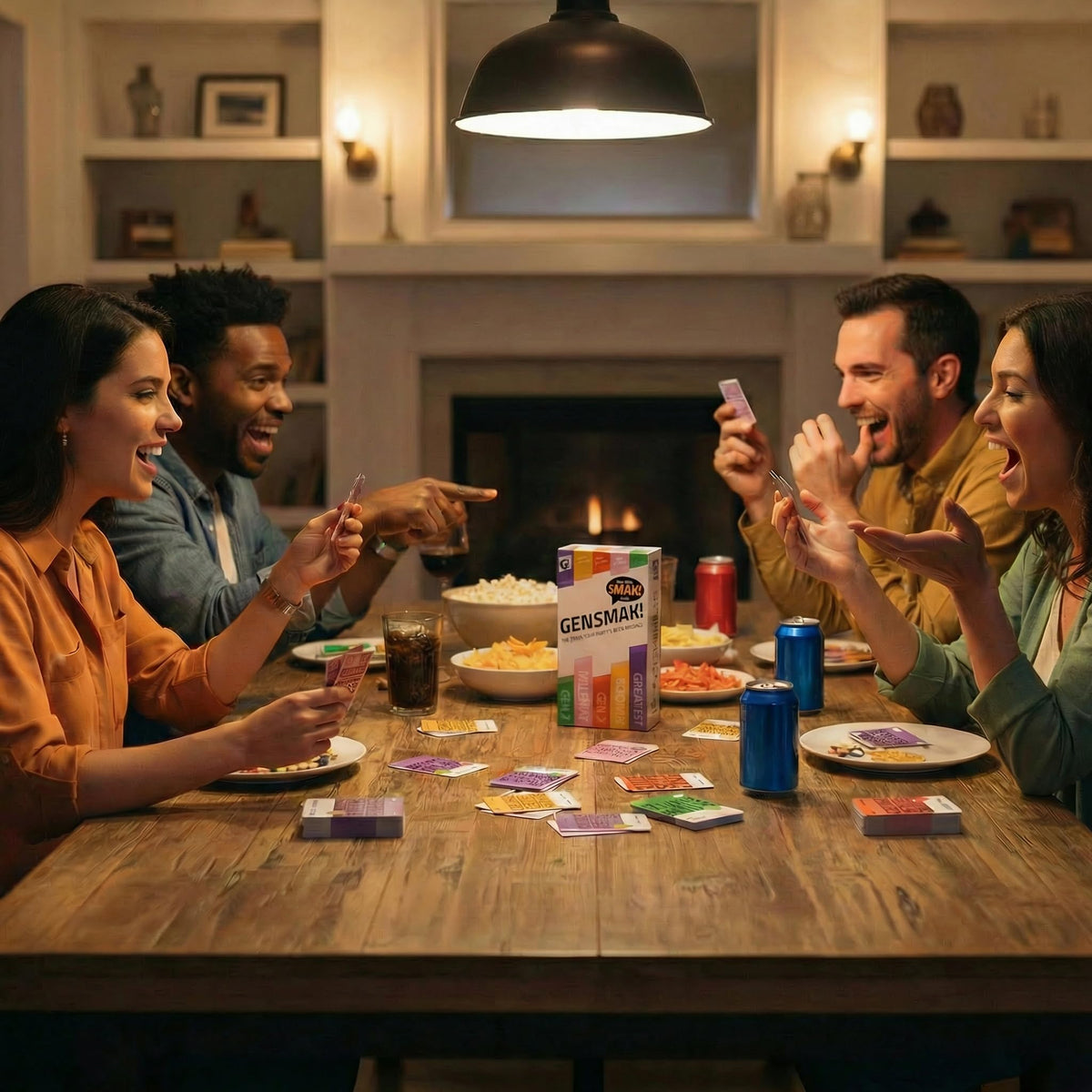 GENSMAK game night setup shows friends gathering for fast-paced, multi-generational play.