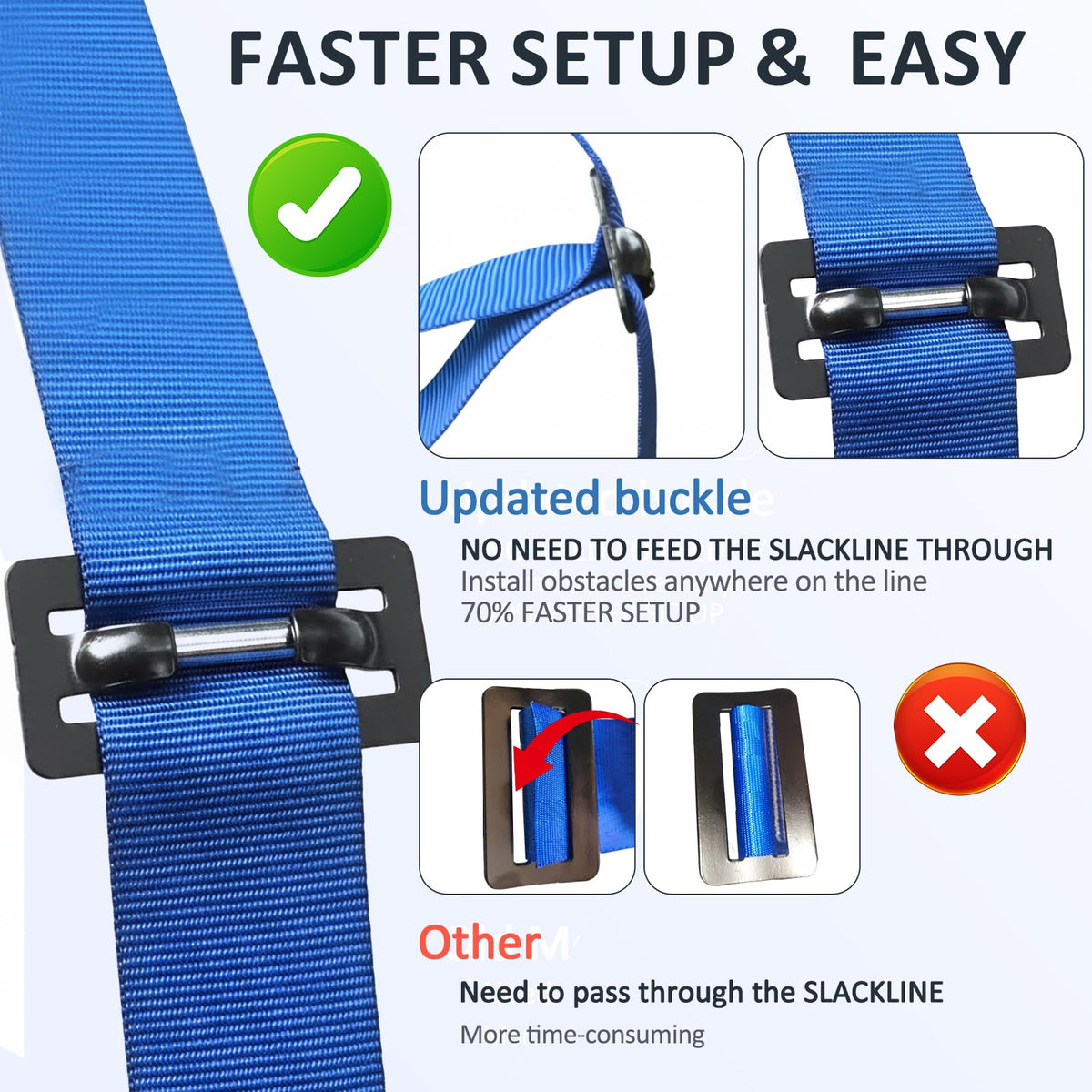 Gentle Booms Ninja Slackline assembly shows quick-connect buckles for easy setup.