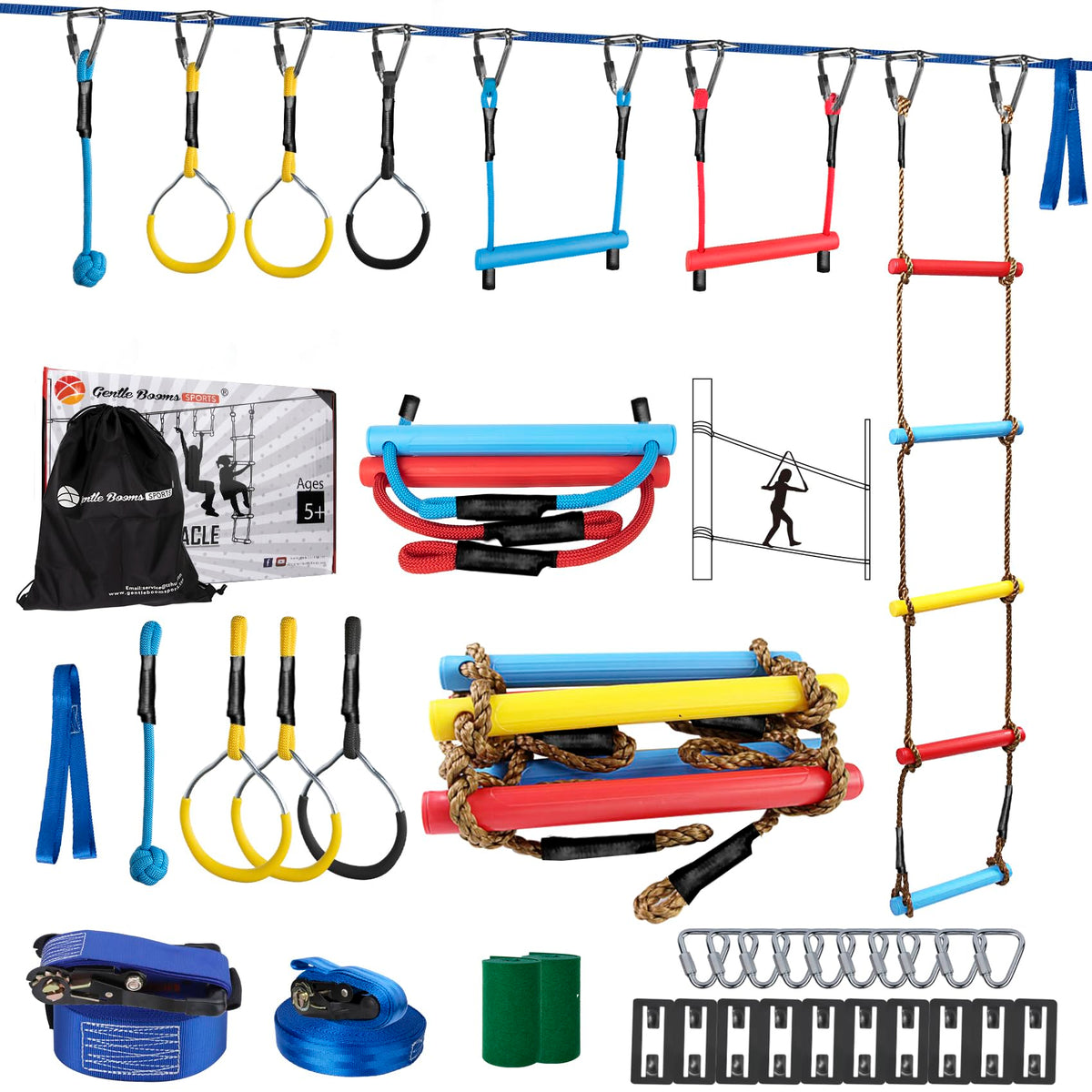 Gentle Booms Ninja Slackline setup enables backyard play and balance training.
