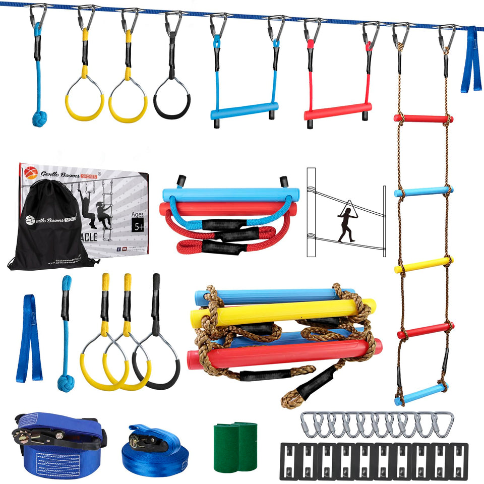 Gentle Booms Ninja Slackline setup enables backyard play and balance training.