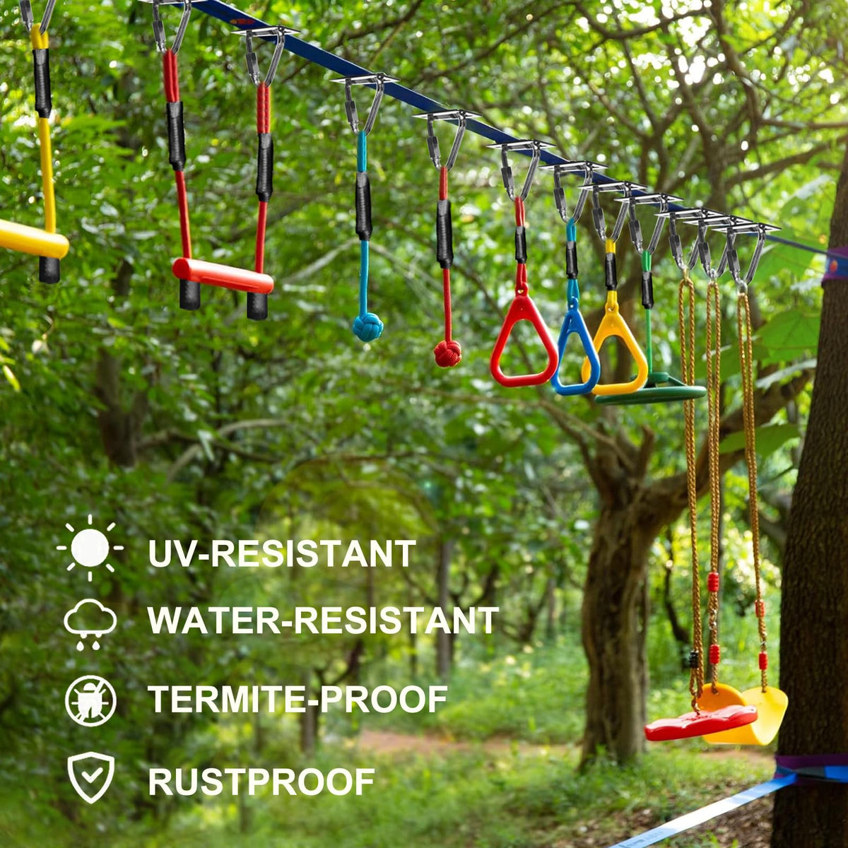 Gentle Booms Sports 65ft slackline with 13 obstacles highlights flexible layout and family fun.