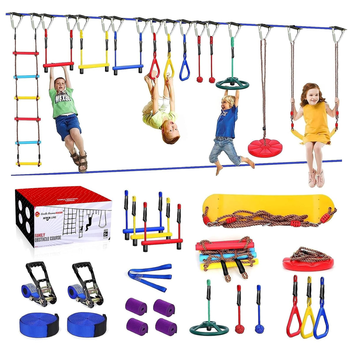 Gentle Booms Sports Ninja Warrior obstacle course in backyard setup boosts agility and active play.