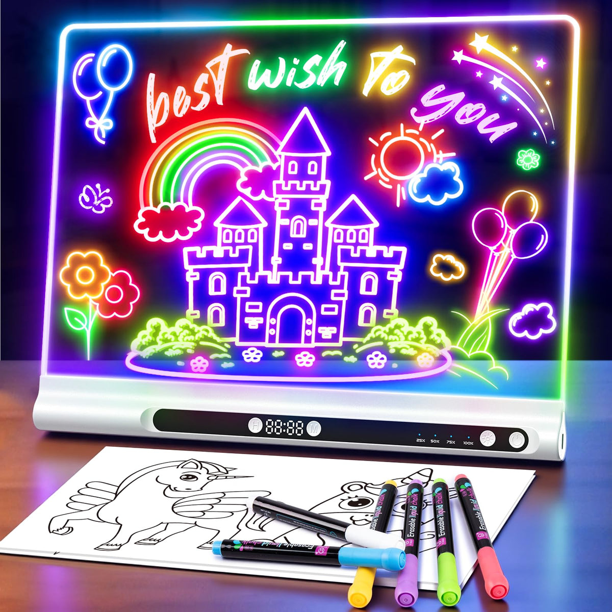 Geokay 16-inch LED drawing board front view showcasing a bold glow for art