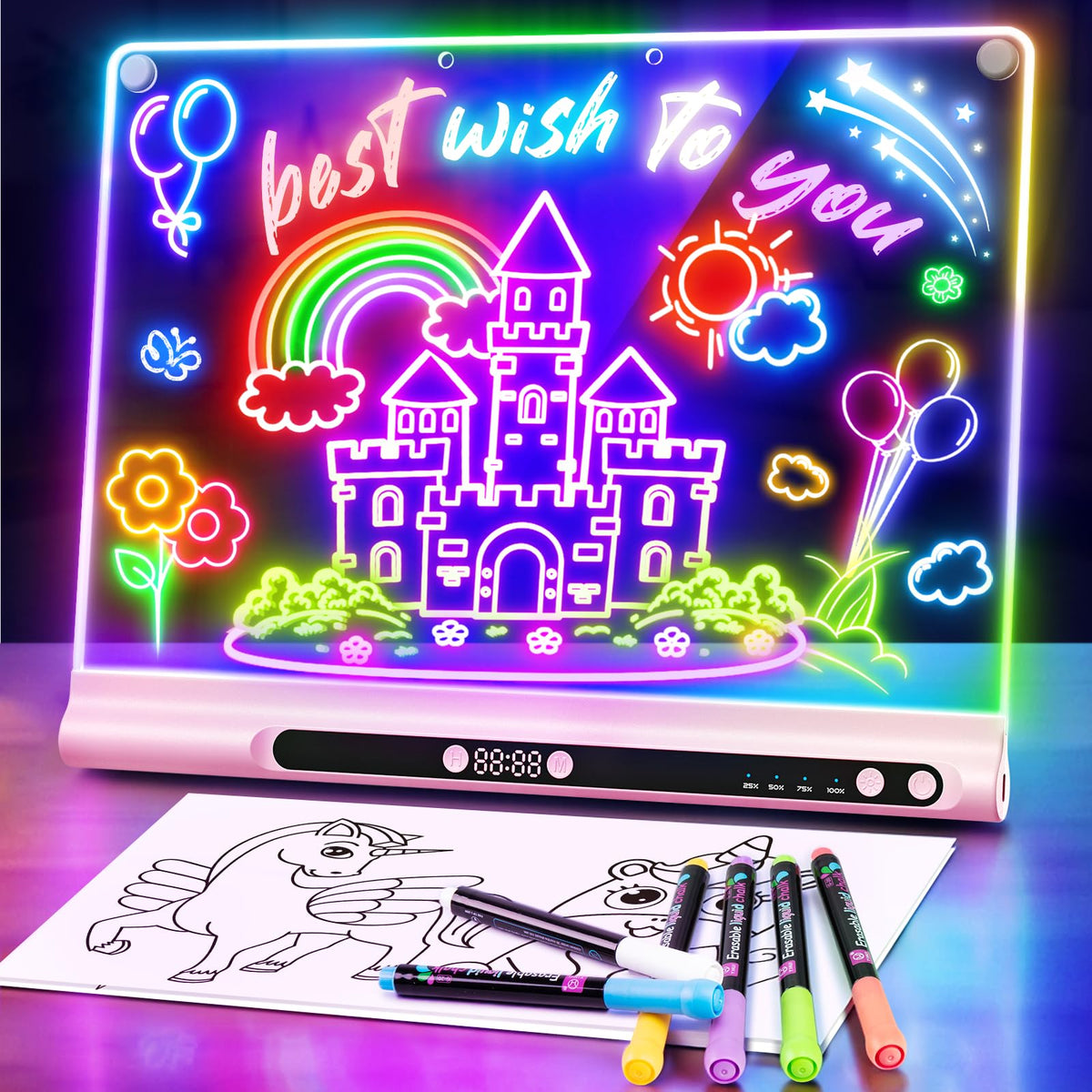 Geokay 16-inch LED drawing board with neon colors for vibrant artwork and glow effects.