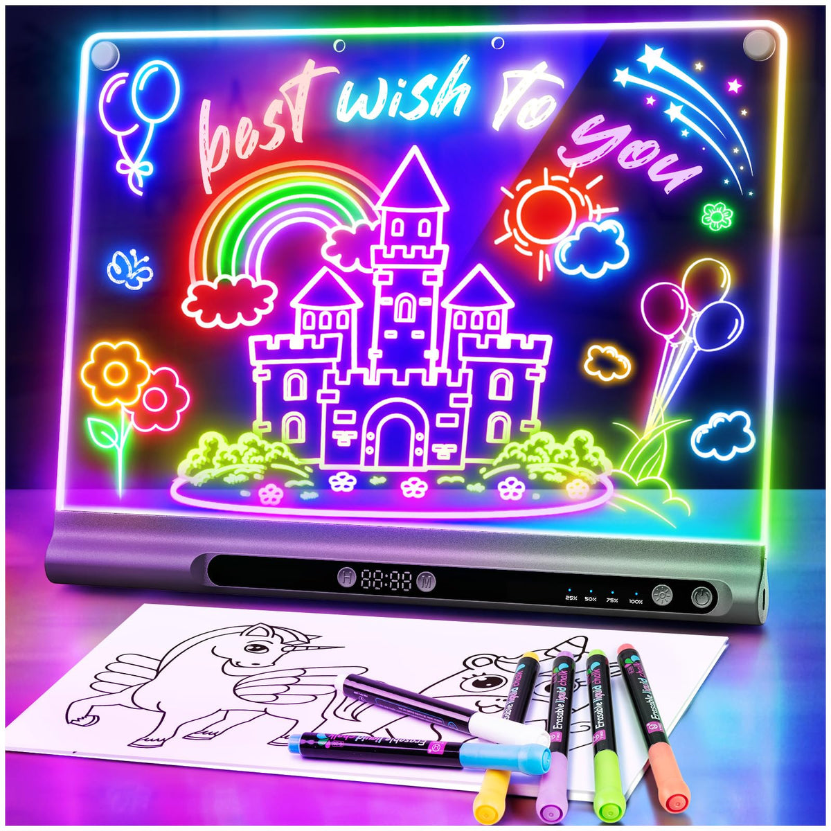 Geokay 16-inch LED drawing board glowing in neon colors for vibrant doodles.