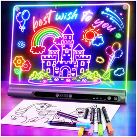 Geokay 16-inch LED drawing board glowing in neon colors for vibrant doodles.