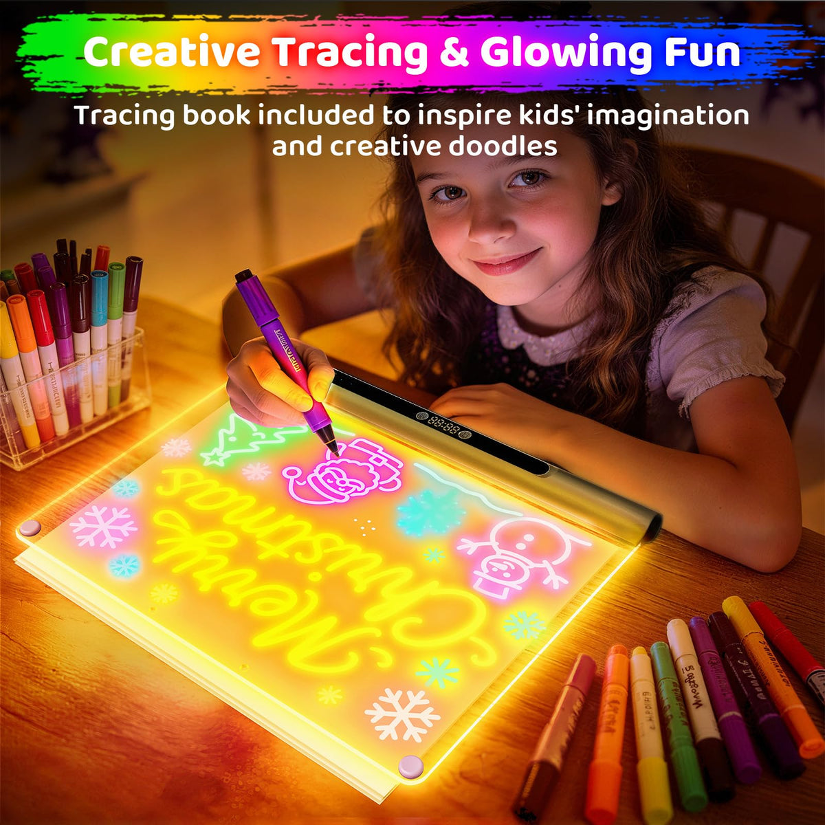 Geokay glow art surface for reusable messages and doodles.