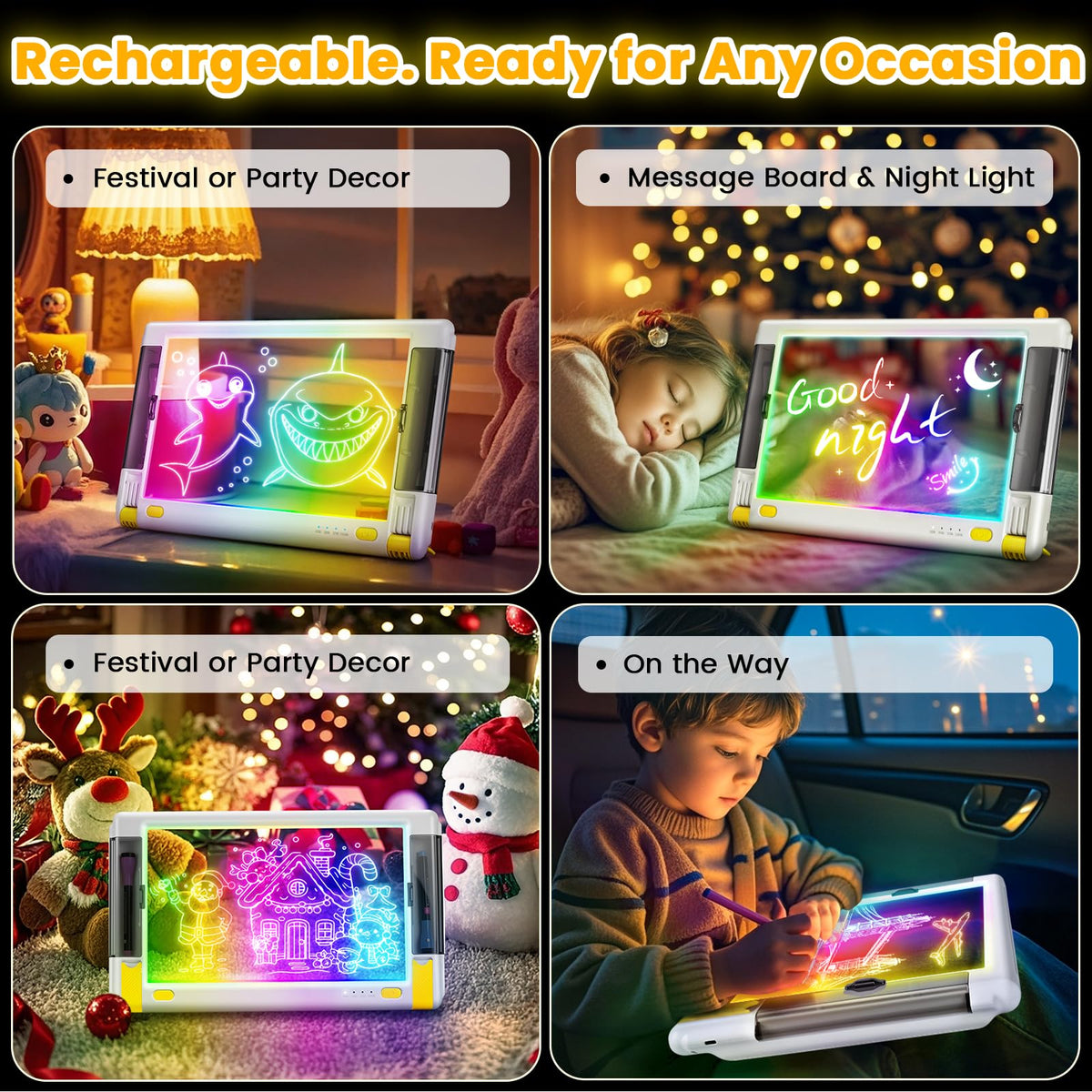 Geokay LED drawing board displaying 9 neon color modes for vibrant art