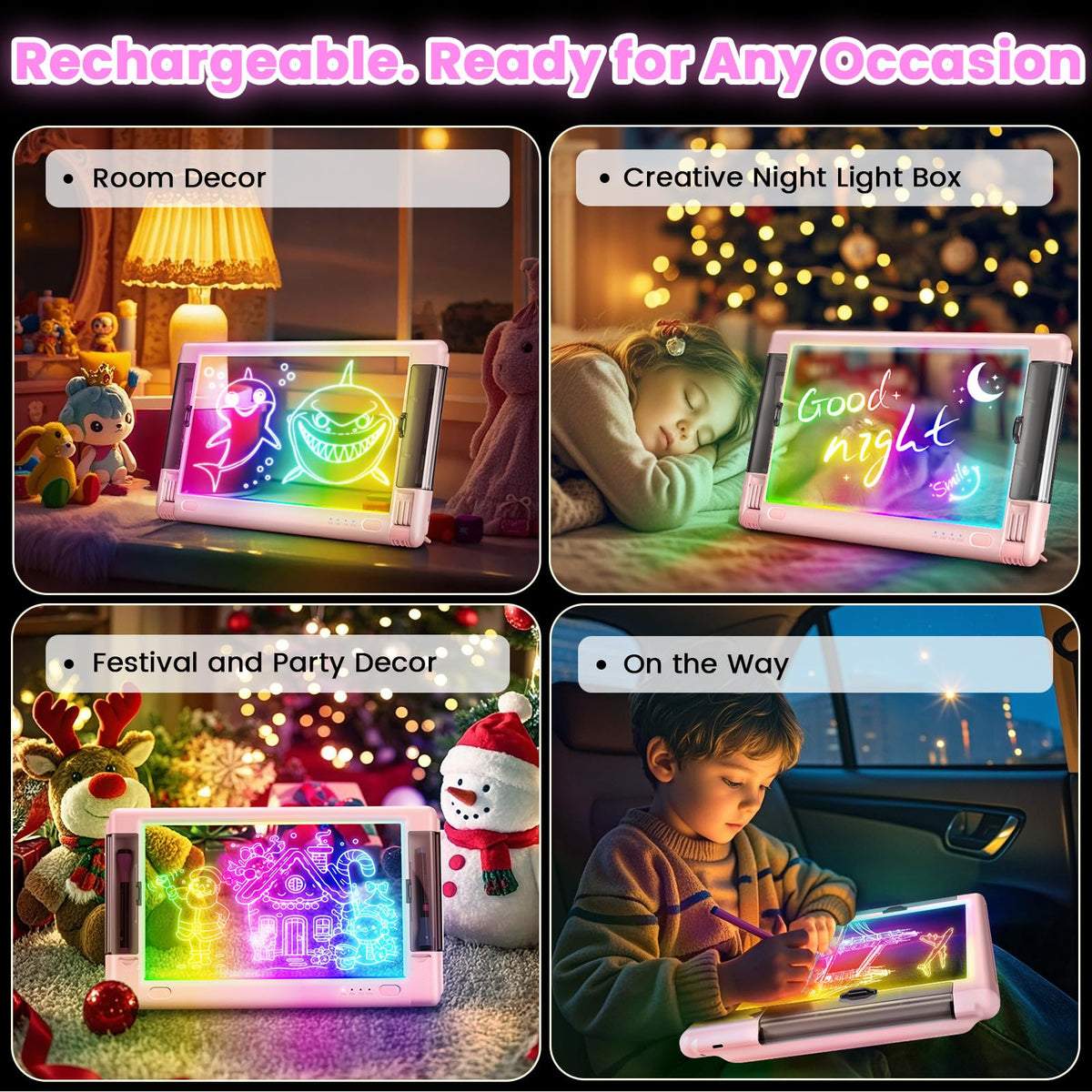 Geokay board displaying nine neon color modes for art creation