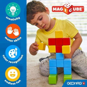 Geomag Magicube tower-building play supports spatial exploration.