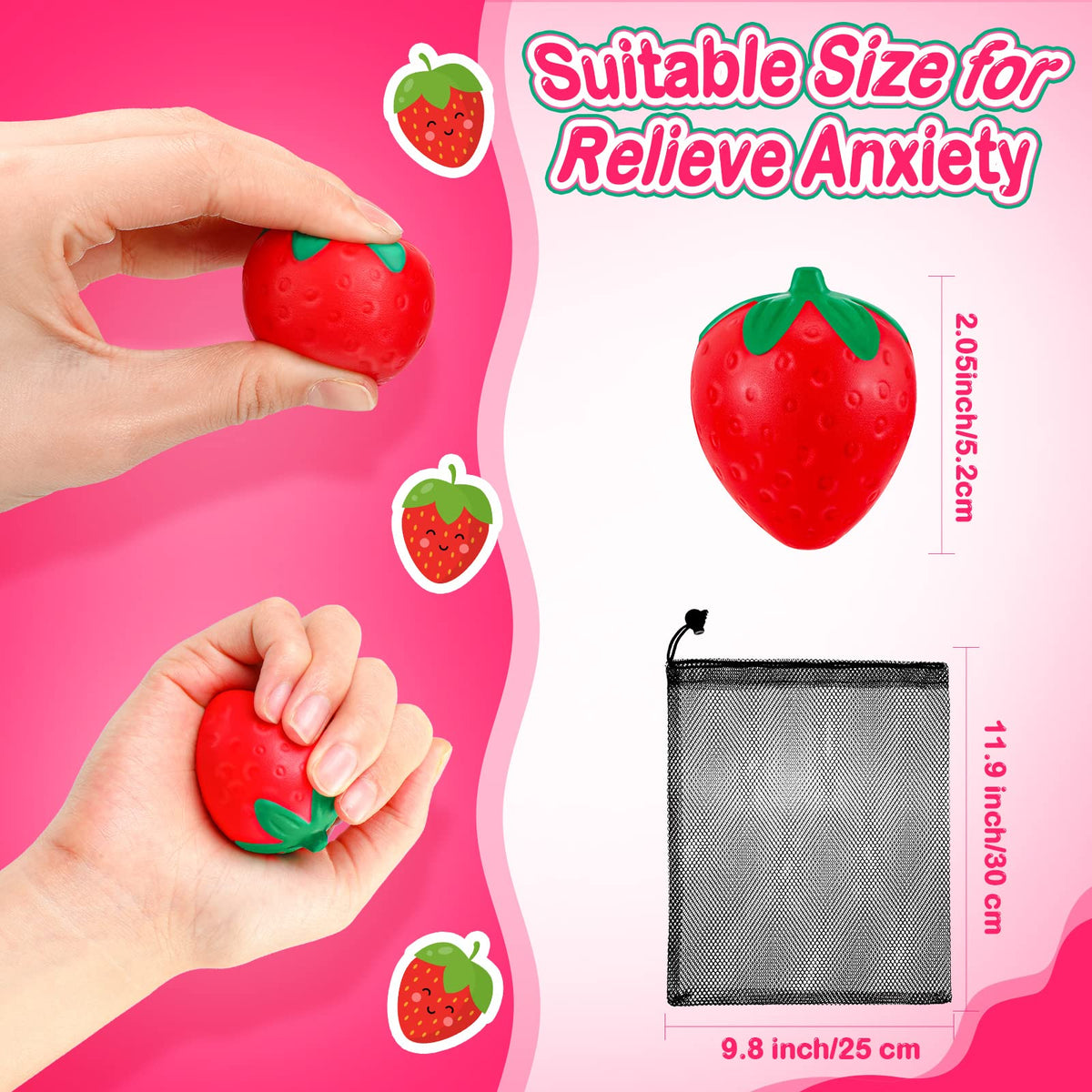 Geosar-strawberry-ball-closeup shows bright red, squishy texture ideal for fidgeting.