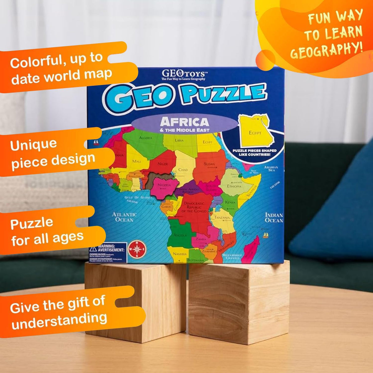 Geotoys GeoPuzzle uses bright colors to engage children while exploring geography