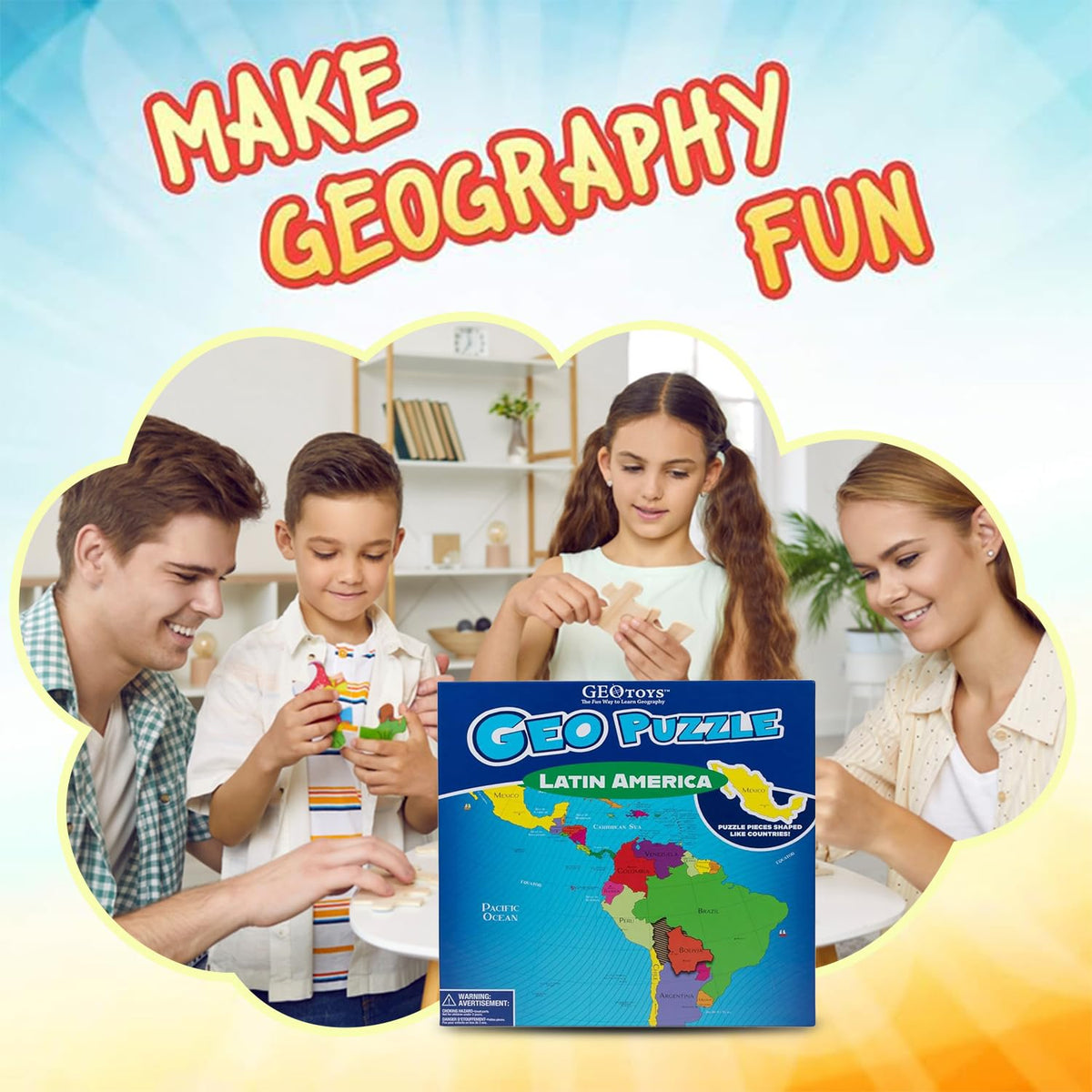 GeoToys GeoPuzzle kids playing shows bright, engaging pieces inviting collaborative learning.