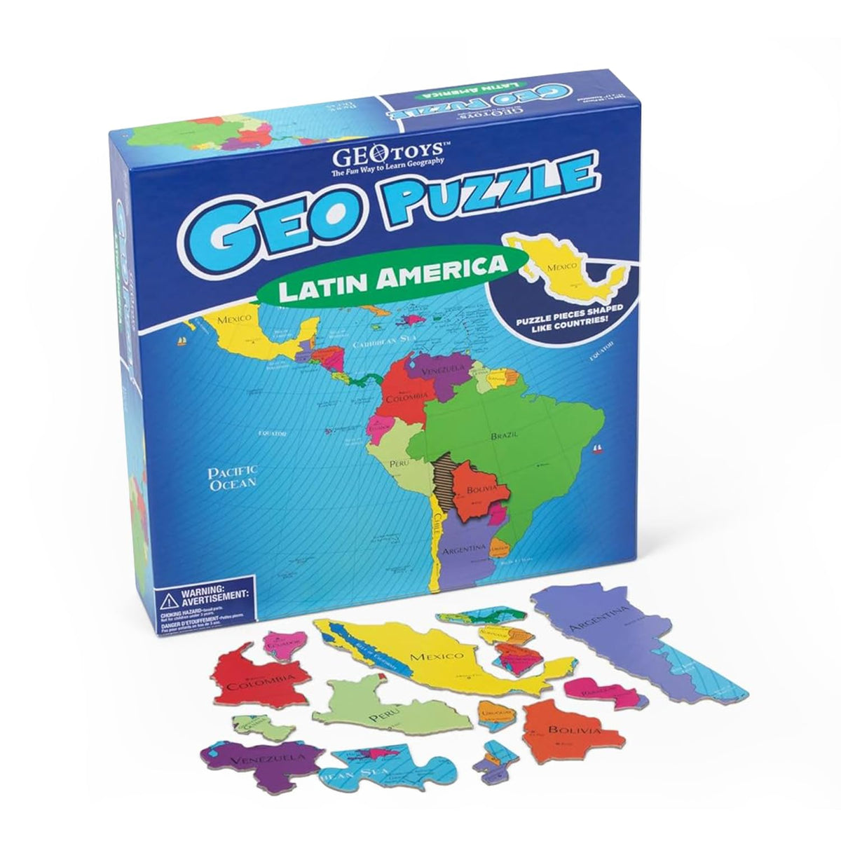 GeoToys GeoPuzzle Latin America map with country-shaped pieces for hands-on geography practice.