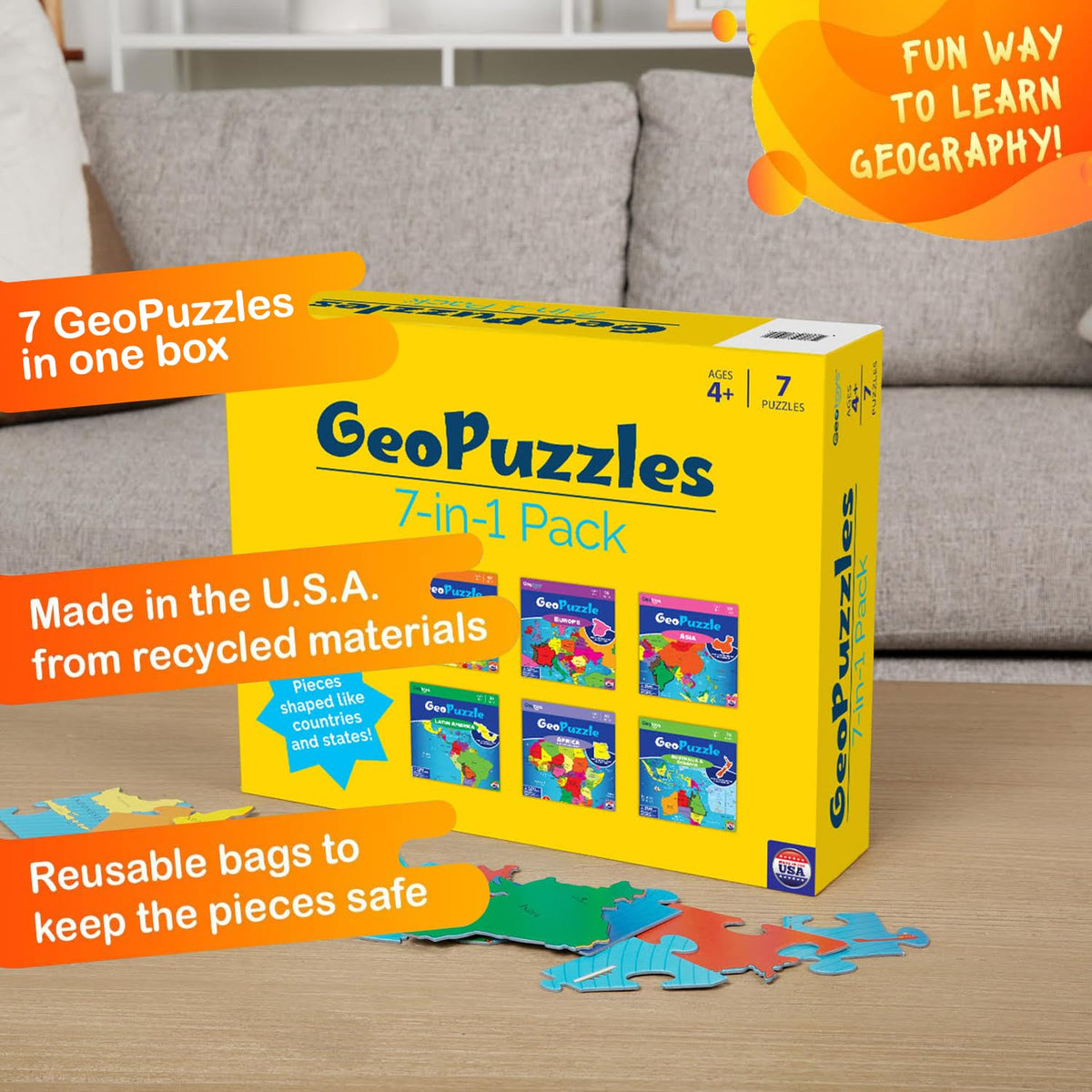 Geotoys GeoPuzzle USA-Canada pieces support state and capital learning.