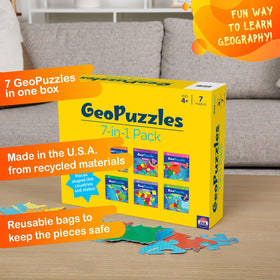 Geotoys GeoPuzzle USA-Canada pieces support state and capital learning.