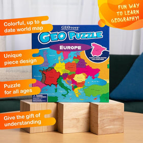 Geotoys GeoPuzzle world map illustrations support geography exploration during family game night.