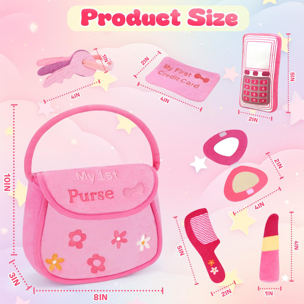 GERBIT 6-piece Makeup Plushies: versatile, soft toys stored in a pink purse for toddler play.