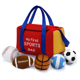 GERBIT My First Sports Bag Plush set shown in its bag for organized playtime