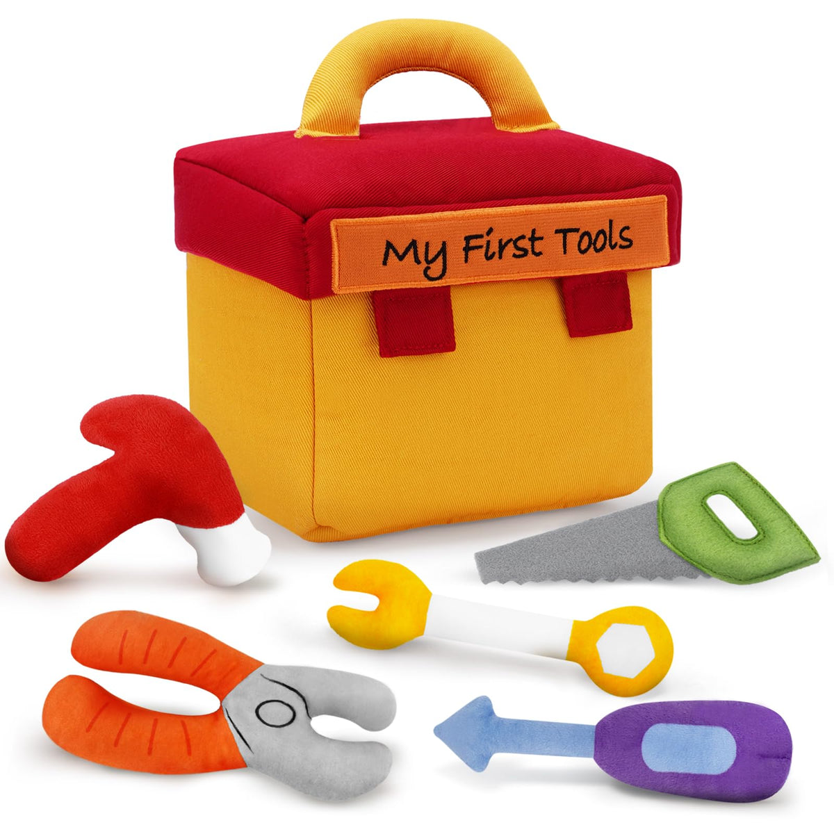 GERBIT My First Tool Set Plush toolbox showcasing five soft tool plushies for sensory play