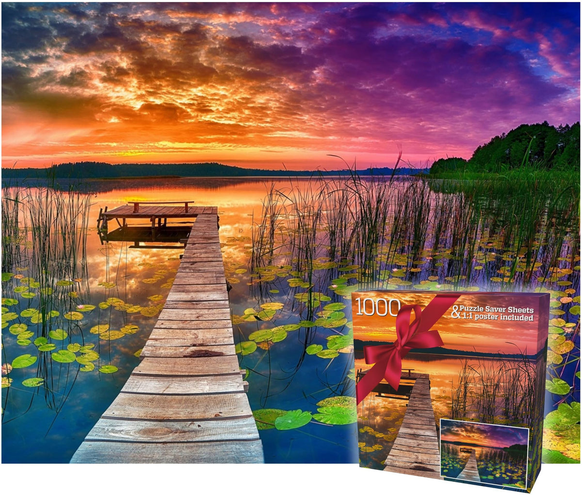 Gerjato 1000-piece puzzle scene of sunset over a dock with lilies for mindful evenings