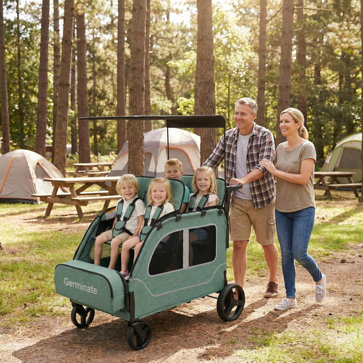 Germinate 4-seater wagon stroller folded compactly for easy storage.