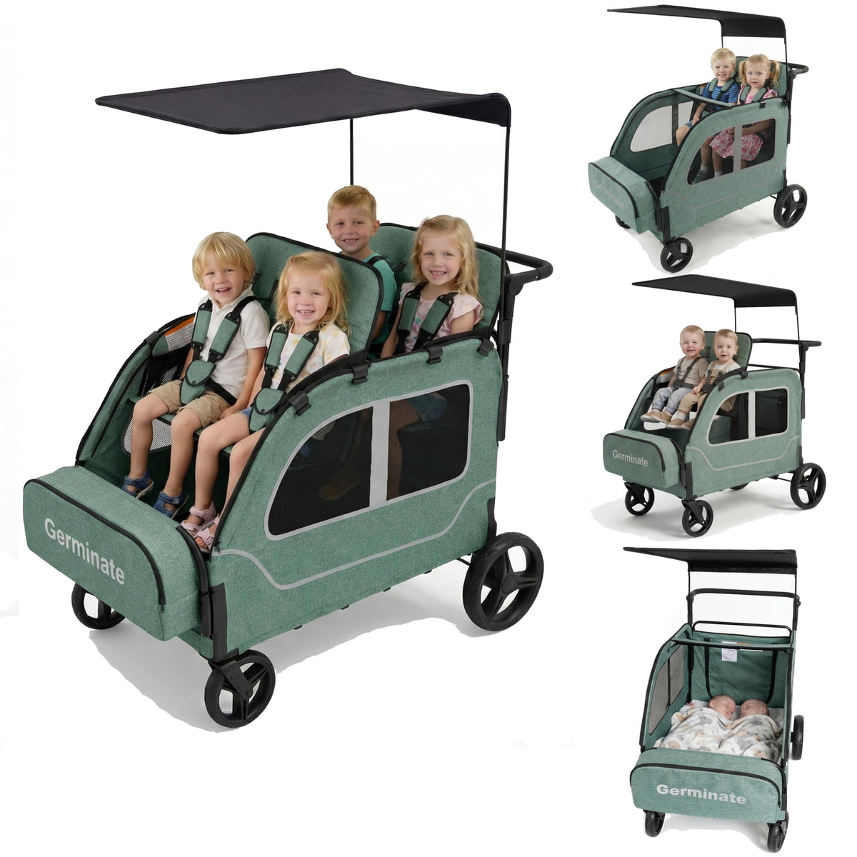 Germinate 4-seater wagon stroller side view showing ample space for four kids.