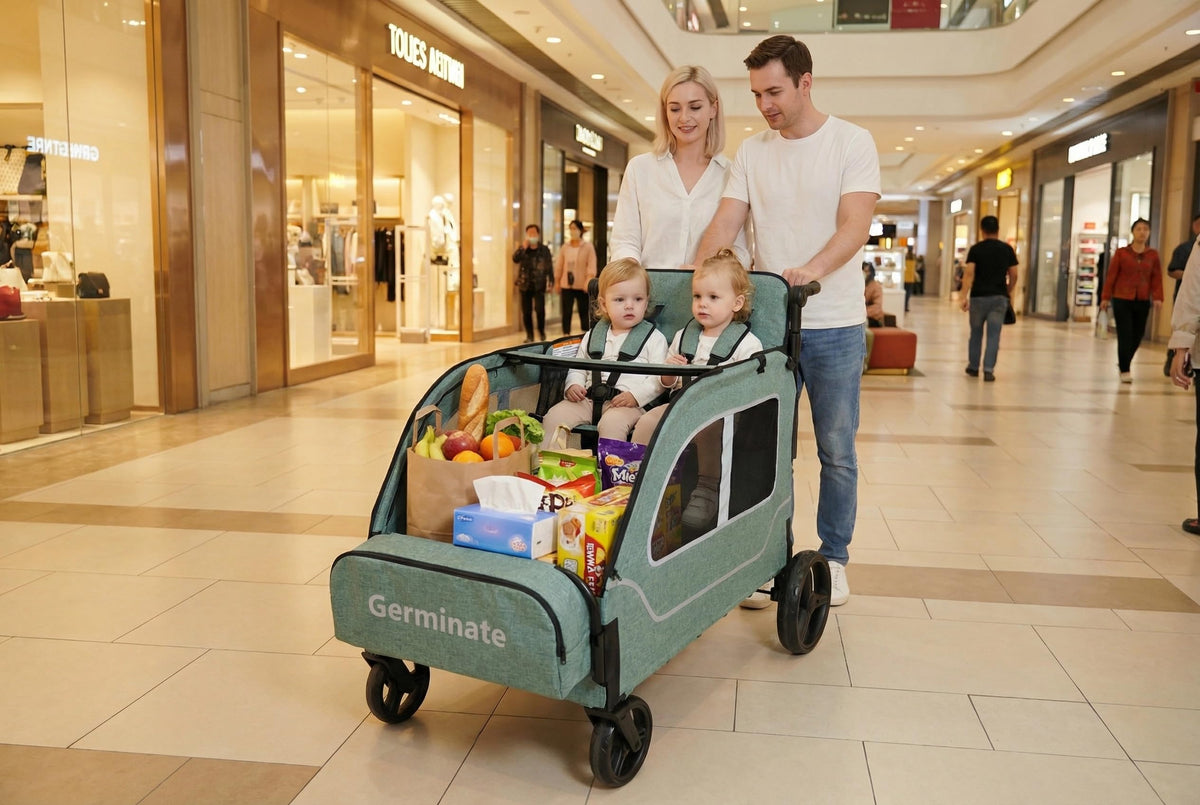 Germinate wagon stroller canopy open provides shade during outdoor adventures.