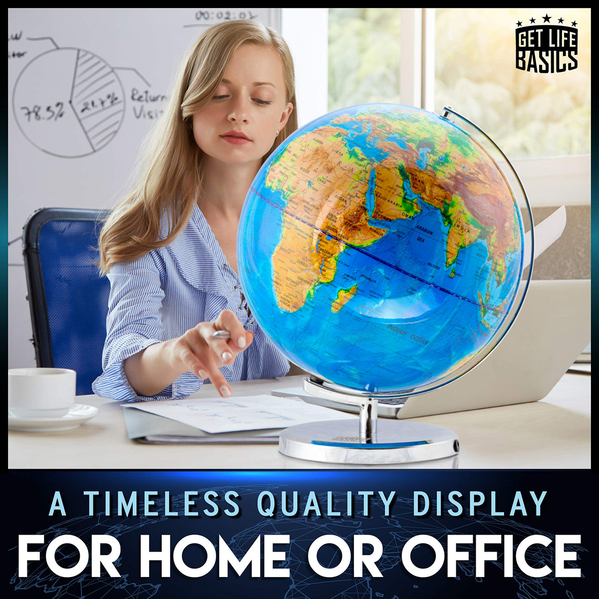 Get Life Basics globe on stainless steel stand offers sturdy desk display