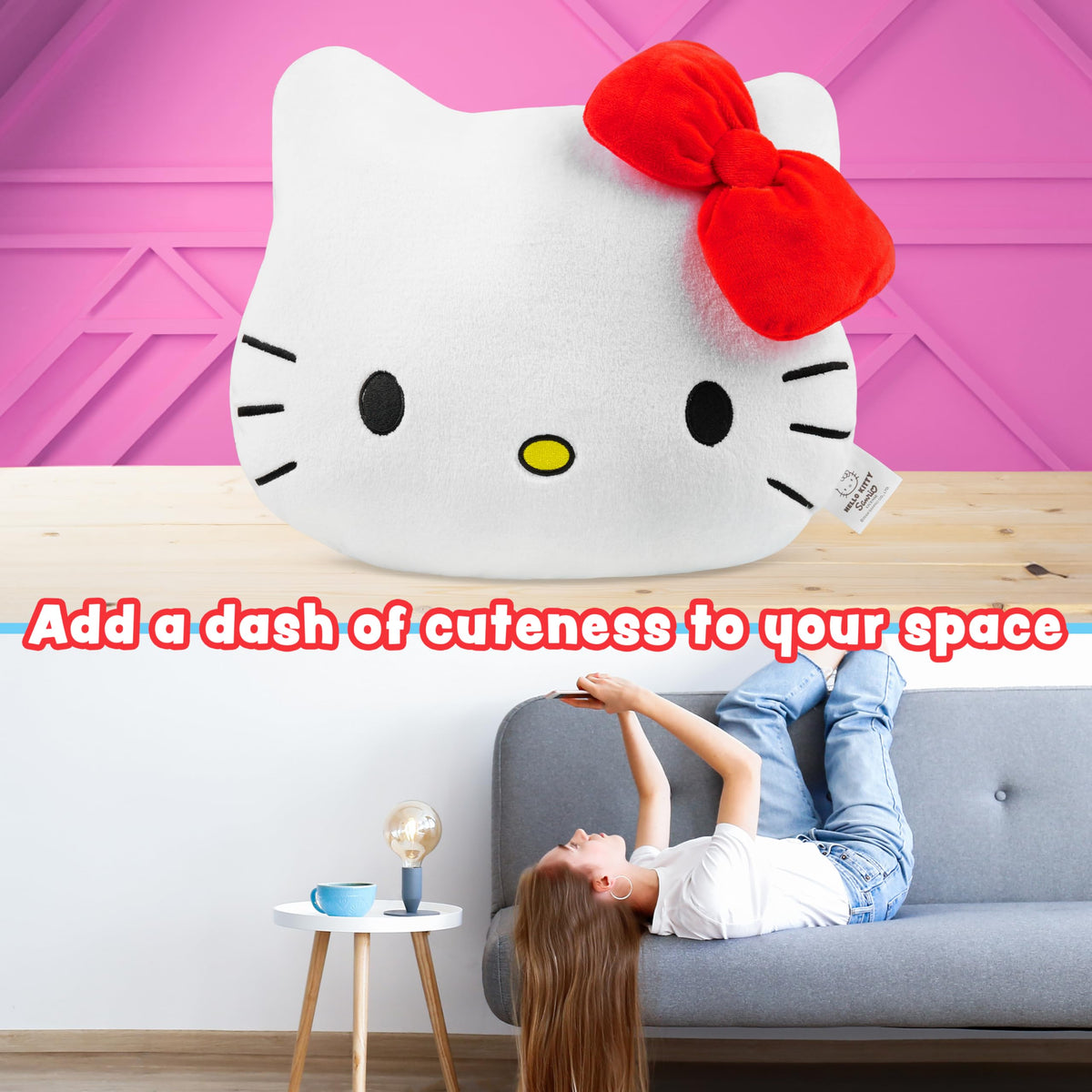 Get Trend Hello Kitty plush cushion with stitched-closed design for safe use.