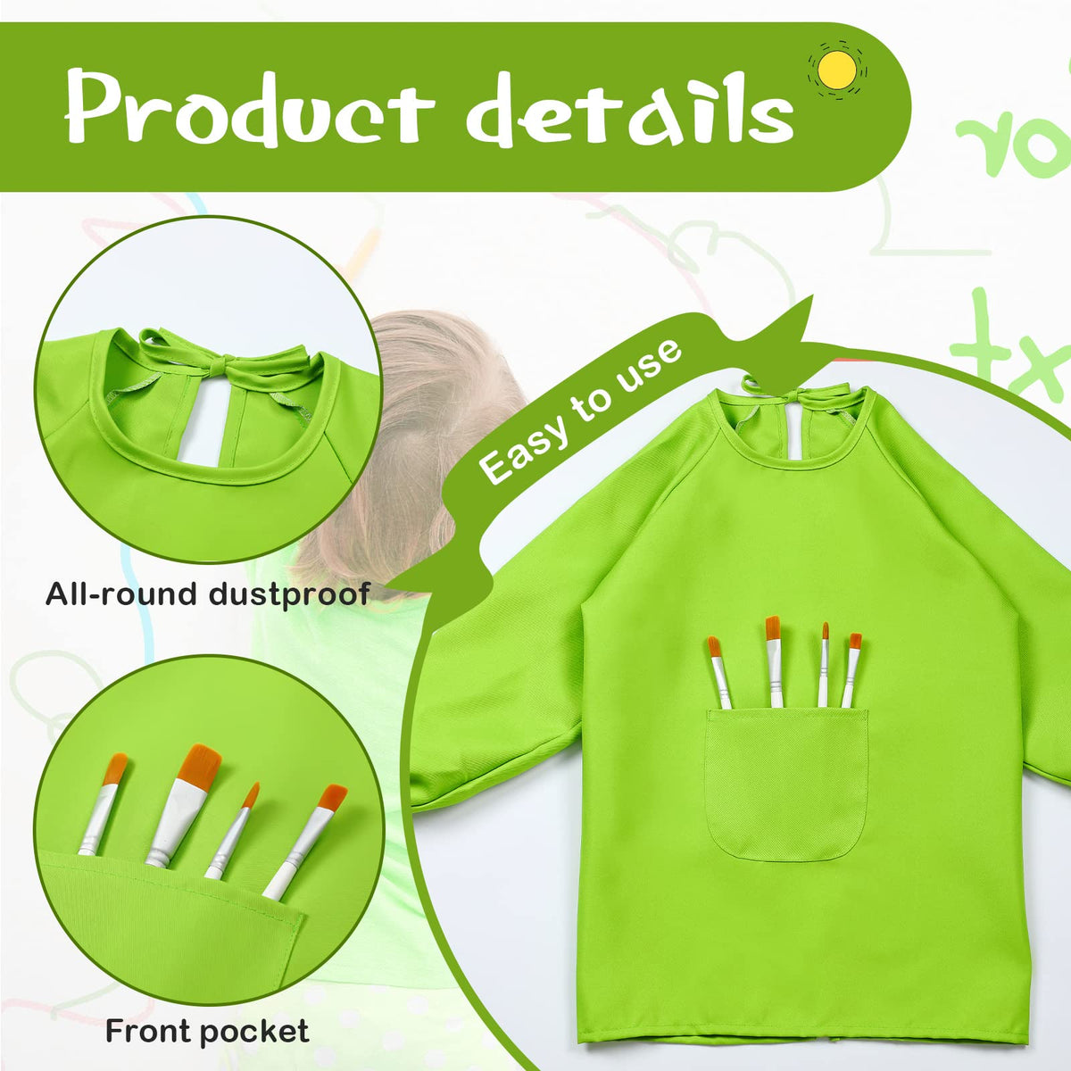 Geyoga full-coverage-long-sleeve-smock with front pocket keeps supplies handy